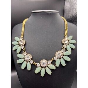 J. Crew Mint Green and Gold Crystal Floral Bib Necklace